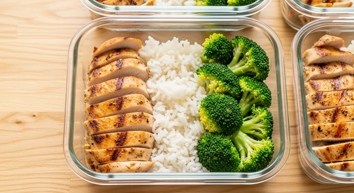 High-protein meal-prep container with chicken, rice and vegetables
