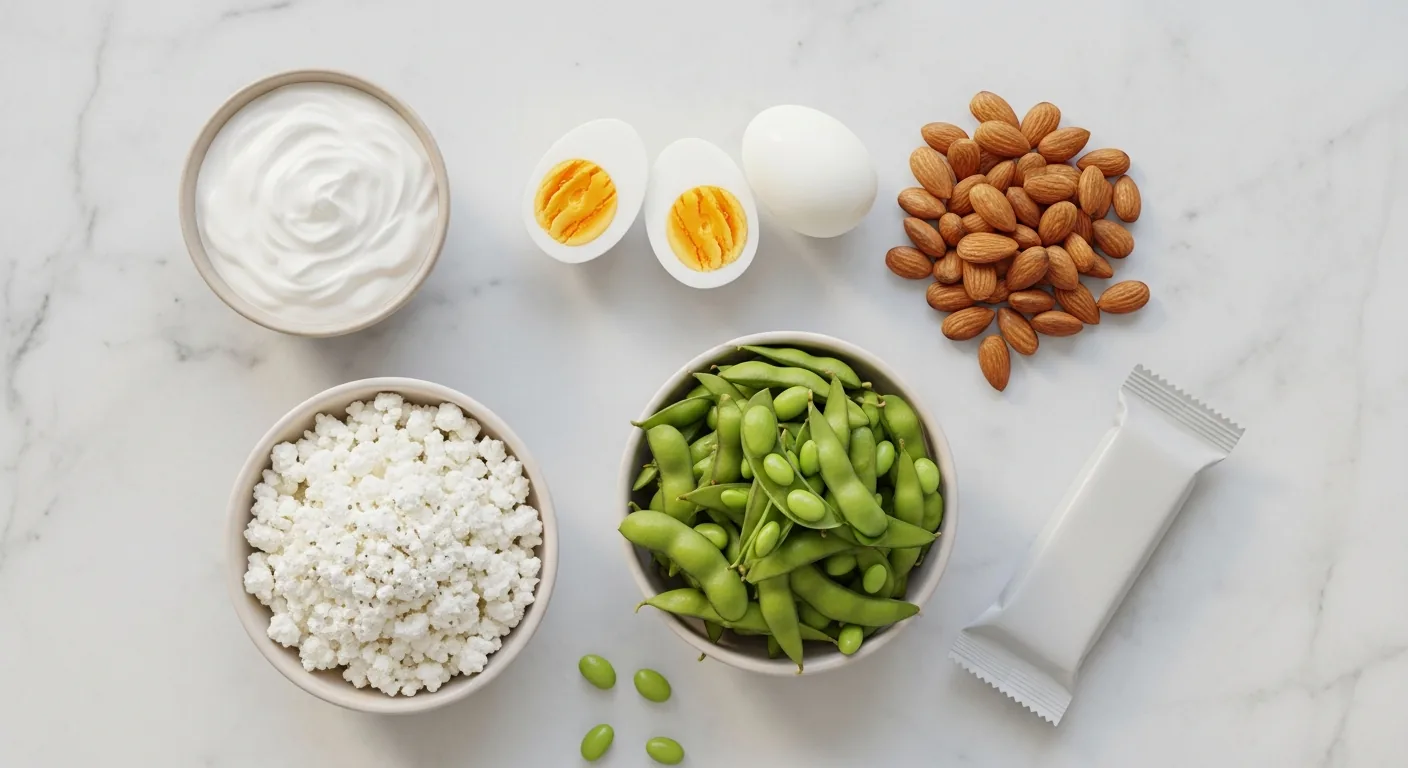 Auswahl eiweißreicher Snacks: Quark, Eier, Joghurt, Nüsse, Edamame